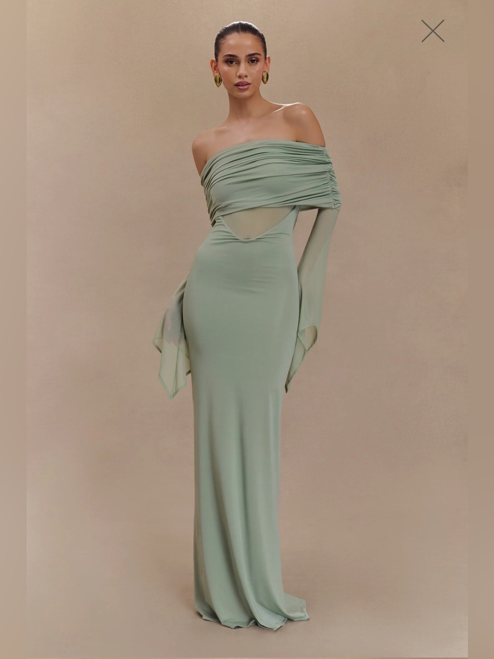 Meshki Sage Green Draped Off-Shoulder Maxi Dress